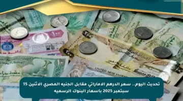 تحديث اليوم.. سعر الدرهم الإماراتي مقابل الجنيه المصري الاثنين 15 سبتمبر 2025 بأسعار البنوك الرسمية